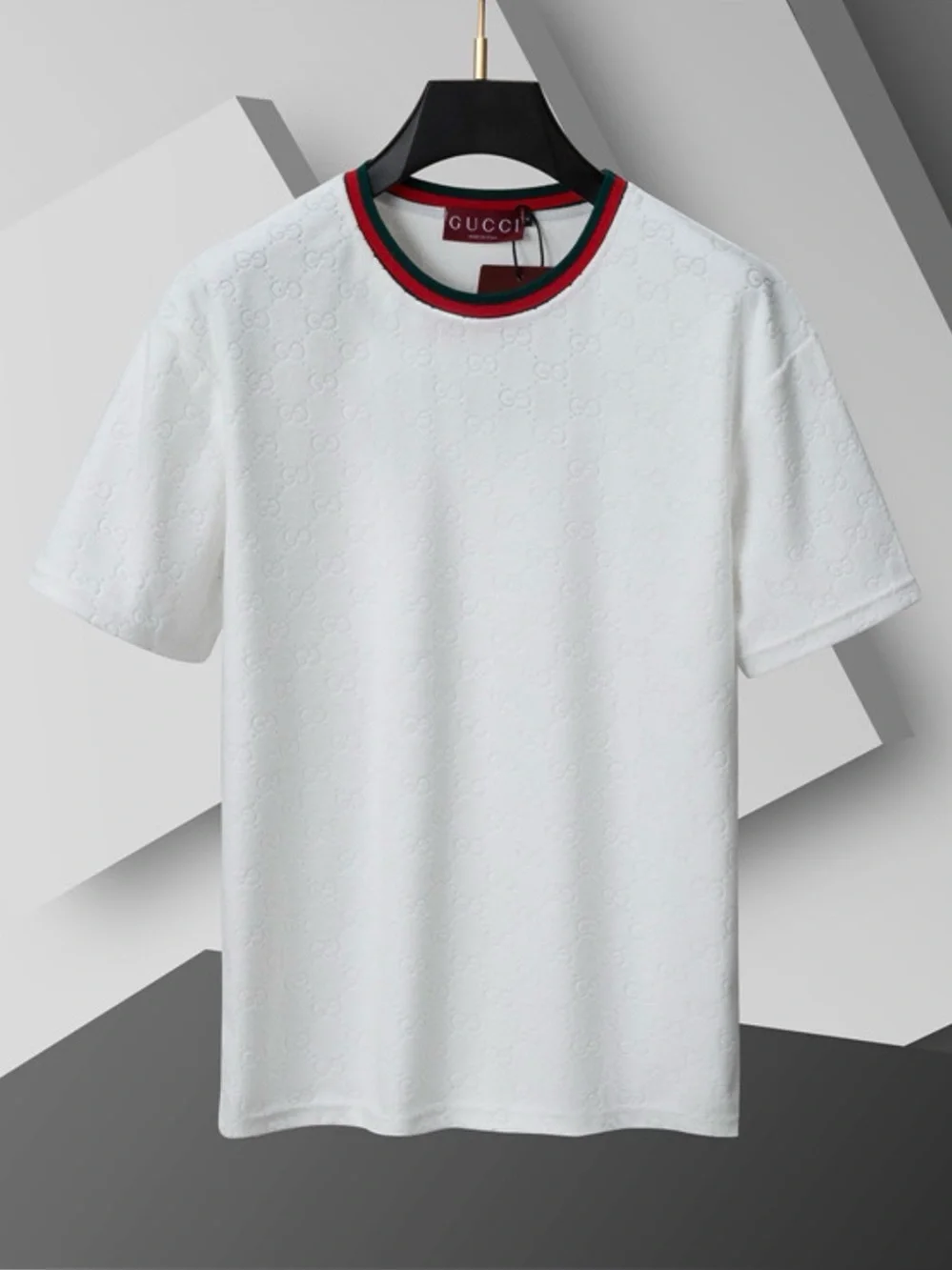 Gucci White Crewneck Tee with Red & Green Stripe Collar